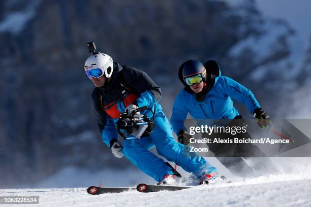 Marc Berthod of Switzerland, Bruno Kernen of Switzerland cameramens during the Audi FIS Alpine Ski World Cup Men's Downhill Training on January 16,...