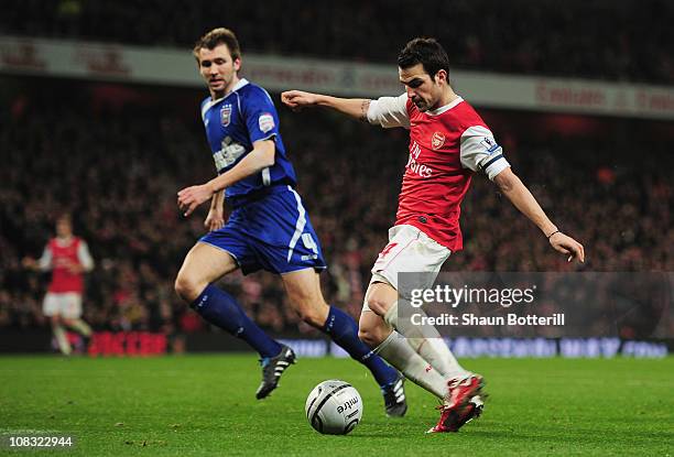 Cesc Fabregasy of Arsenal scores their third goal during the Carling Cup Semi Final Second Leg match between Arsenal and Ipswich Town at Emirates...