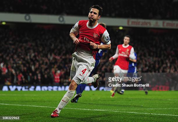 Cesc Fabregas of Arsenal celebrates as he scores their third goal during the Carling Cup Semi Final Second Leg match between Arsenal and Ipswich Town...