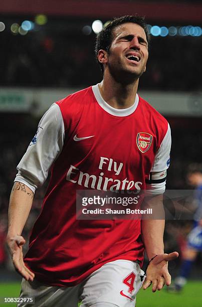 Cesc Fabregas of Arsenal celebrates as he scores their third goal during the Carling Cup Semi Final Second Leg match between Arsenal and Ipswich Town...