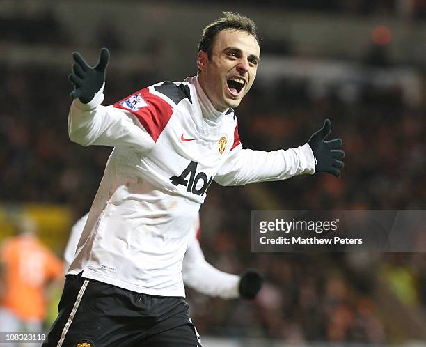 Dimitar Berbatov of Manchester United celebrates scoring their third goal during the Barclays Premier League match between Blackpool and Manchester...