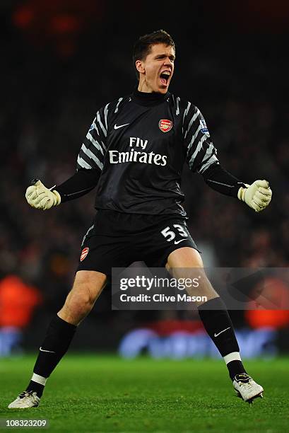 Wojciech Szczesny of Arsenal celebrates during the Carling Cup Semi Final Second Leg match between Arsenal and Ipswich Town at Emirates Stadium on...