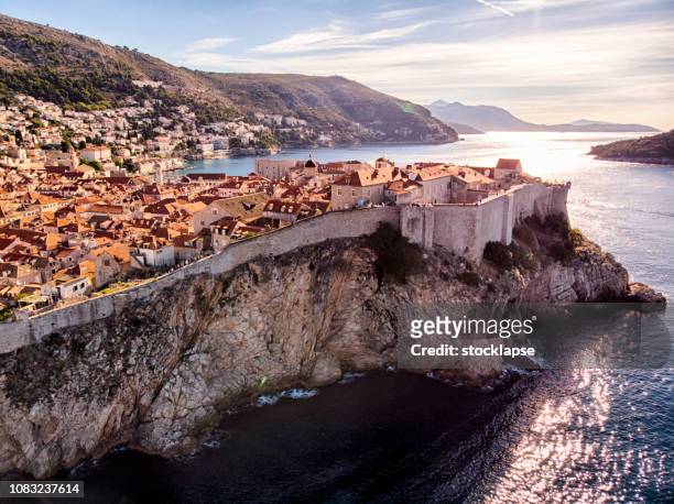 dubrovnik old town city walls aerial view - dalmatia region croatia stock pictures, royalty-free photos & images