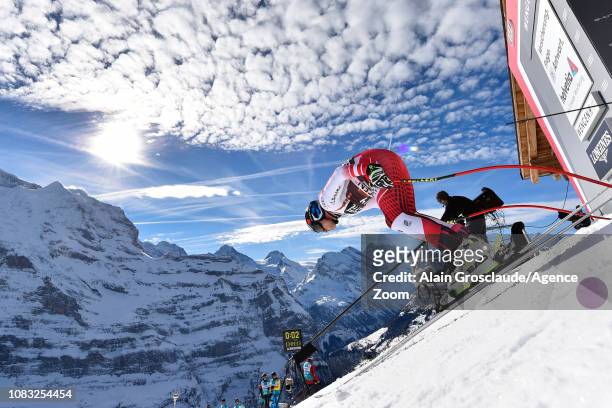 Matthias Mayer of Austria at the start during the Audi FIS Alpine Ski World Cup Men's Downhill Training on January 16, 2019 in Wengen Switzerland.