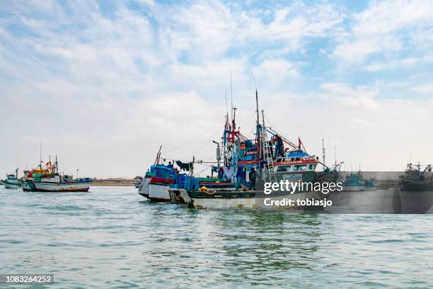 fiskebåt på paracas hamn - pisco peru bildbanksfoton och bilder