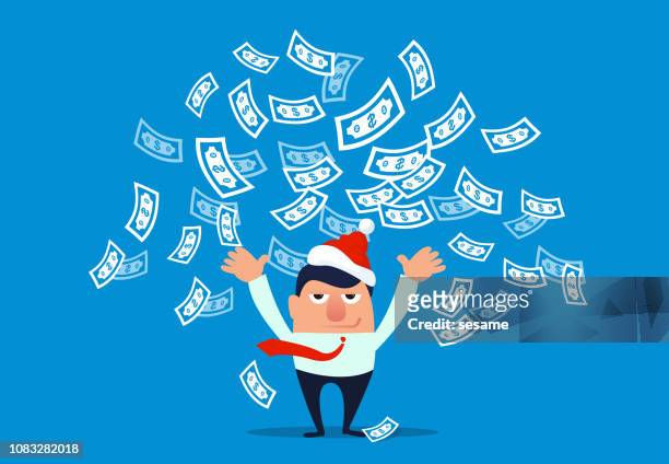 businessman wearing christmas hat and throwing money - christmas cash stock illustrations