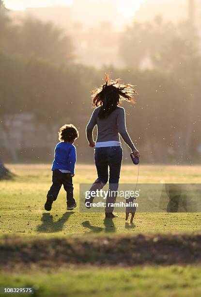 mother son and puppy - boy running with dog stock pictures, royalty-free photos & images