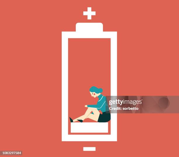 geschäftsfrau mit schwacher batterie - tired woman stock-grafiken, -clipart, -cartoons und -symbole