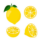 Icon set lemon, vector illustration on white background. the whole fruit and cut into pieces. citrus.