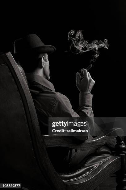 back view of man sitting on armchair and smoking cigar - organized crime stock pictures, royalty-free photos & images