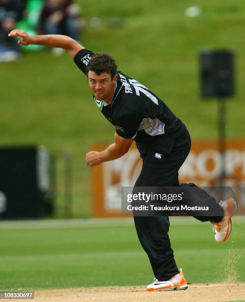 James Franklin of New Zealand bowls celebrates during the second one day international match between New Zealand and Pakistan at Queenstown Events...