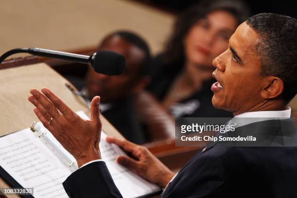 President Barack Obama addresses a Joint Session of Congress while delivering his State of the Union speech January 25, 2011 in Washington, DC....