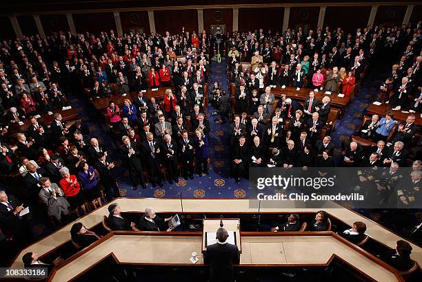 President Barack Obama addresses a Joint Session of Congress while delivering his State of the Union speech January 25, 2011 in Washington, DC....