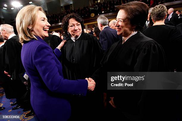 Secretary of State Hillary Rodham Clinton greets Supreme Court Justices Elena Kagan and Sonia Sotomayor prior to U.S. President Barack Obama...