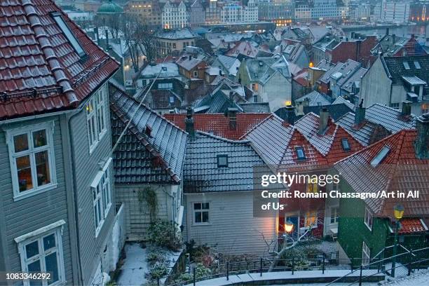 22th 2018: Snowfall in winter in city at dusk, Bergen, Norway on September 22, 2018