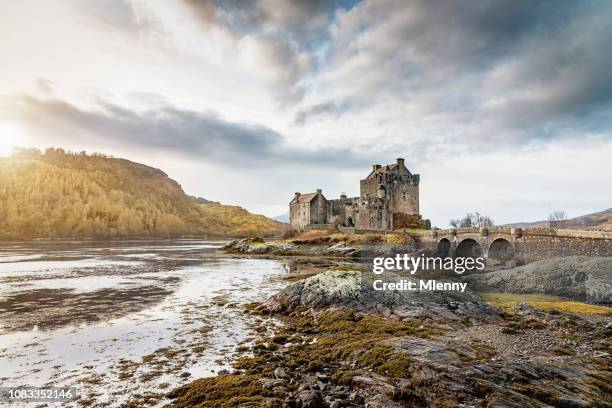 eilean donan castle sunset scotland - scotland castle stock pictures, royalty-free photos & images