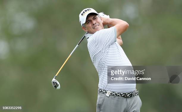 Adilson Da Silva of Brazil plays his second shot on the par 5, second hole during the final round of the Alfred Dunhill Championships at Leopard...