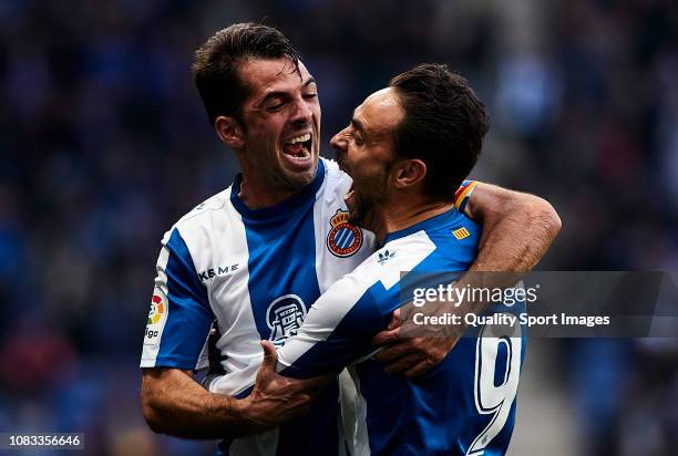 Sergio Garcia of RCD Espanyol and Victor Sanchez of RCD Espanyol celebrate a goal during the La Liga match between RCD Espanyol and Real Betis...
