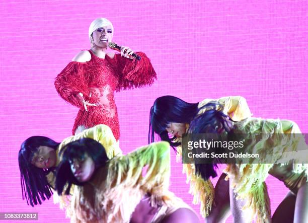 Rapper Cardi B performs onstage during day 2 of Rolling Loud Festival at Banc of California Stadium on December 15, 2018 in Los Angeles, California.