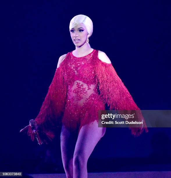 Rapper Cardi B performs onstage during day 2 of Rolling Loud Festival at Banc of California Stadium on December 15, 2018 in Los Angeles, California.