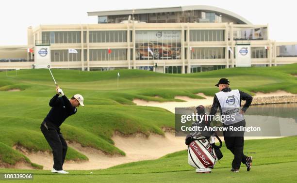 Padraig Harrington of Ireland hits his second shot on the 18th hole during the Pro Am prior to the start of the Volvo Golf Champions at The Royal...