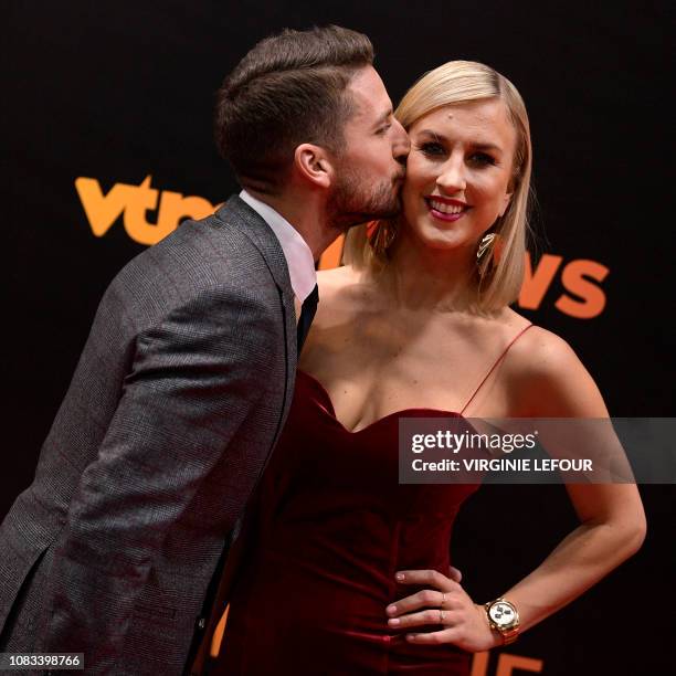 Belgium's Dries Mertens and Mertens' wife Katrin Kerkhofs pictured on the red carpet at the arrival for the 65th edition of the 'Golden Shoe' award...