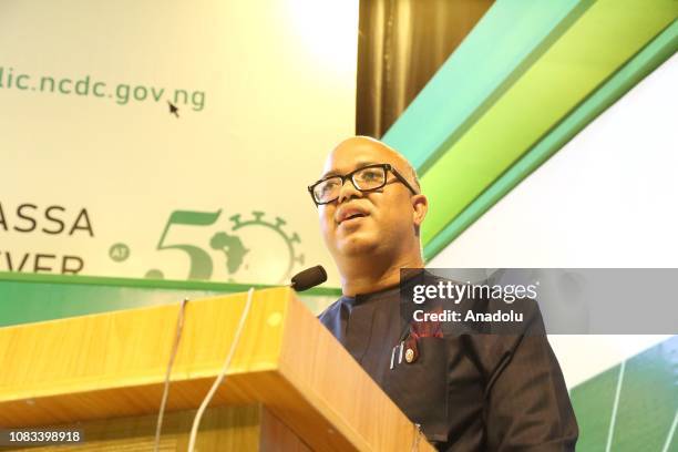 The Chief Executive Officer of the Nigeria Centre for Disease Control Chikwe Ihekweazu makes a speech during the Lassa fever conference marking the...