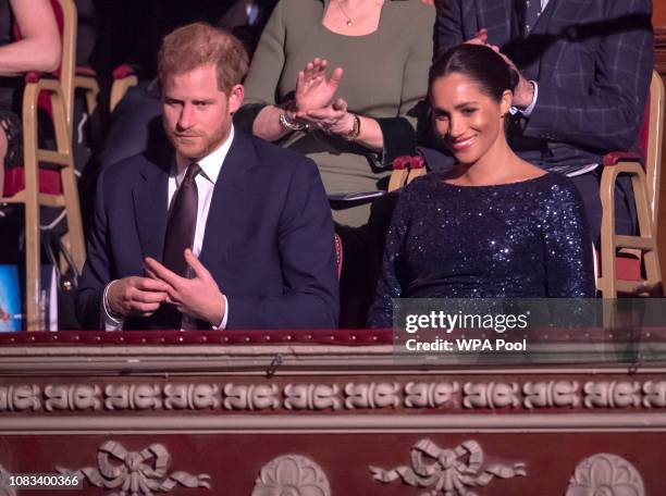 Prince Harry, Duke of Sussex and Meghan, Duchess of Sussex attend the Cirque du Soleil Premiere Of "TOTEM" at Royal Albert Hall on January 16, 2019...