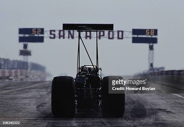 Top fuel dragster prepares to power down the track during the European Top Alcohol Dragster Series on 23rd May 1992 at the Santa Pod Raceway in Santa...