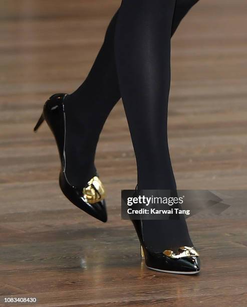 Catherine, Duchess of Cambridge, shoe detail, visits the Royal Opera House to learn more about their use of textiles, commissioning of fabrics and...