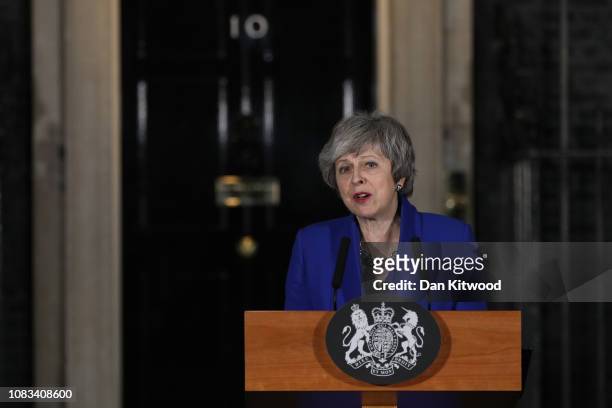 Prime Minister Theresa May addresses the media at number 10 Downing street after her government defeated a vote of no confidence in the House of...