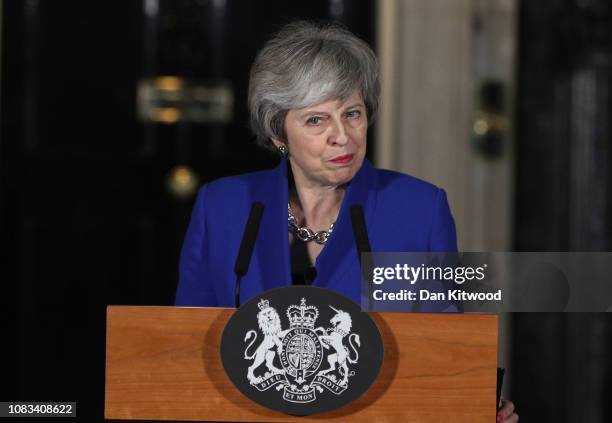 Prime Minister Theresa May addresses the media at number 10 Downing street after her government defeated a vote of no confidence in the House of...