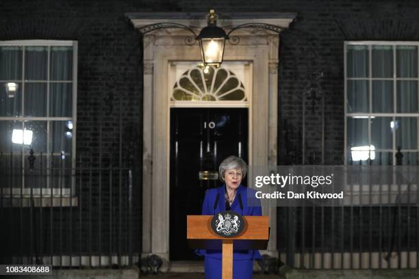 Prime Minister Theresa May addresses the media at number 10 Downing street after her government defeated a vote of no confidence in the House of...