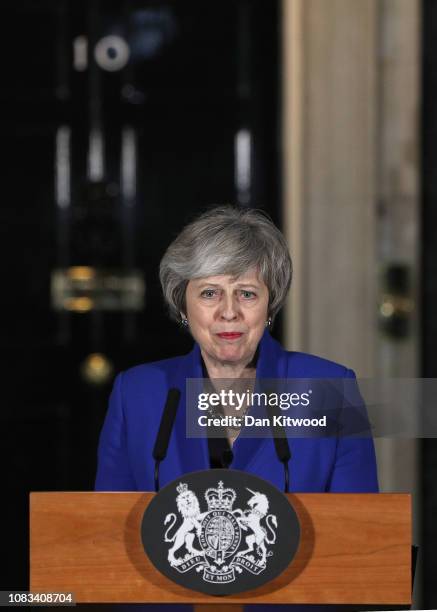 Prime Minister Theresa May addresses the media at number 10 Downing street after her government defeated a vote of no confidence in the House of...