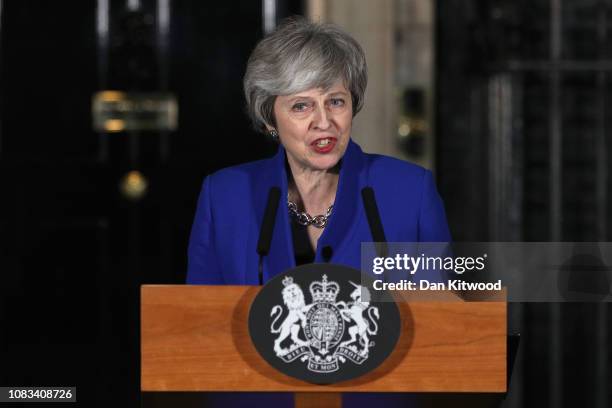 Prime Minister Theresa May addresses the media at number 10 Downing street after her government defeated a vote of no confidence in the House of...