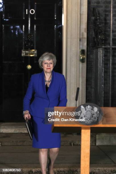 Prime Minister Theresa May addresses the media at number 10 Downing street after her government defeated a vote of no confidence in the House of...