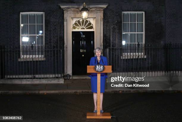 Prime Minister Theresa May addresses the media at number 10 Downing street after her government defeated a vote of no confidence in the House of...