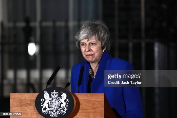 Prime Minister Theresa May addresses the media at number 10 Downing street after her government defeated a vote of no confidence in the House of...