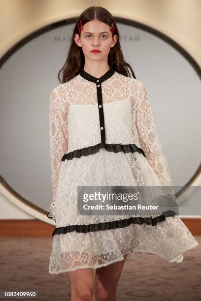 Model walks the runway at the Marcel Ostertag show during the Berlin Fashion Week Autumn/Winter 2019 at Westin Grand Hotel on January 16, 2019 in...