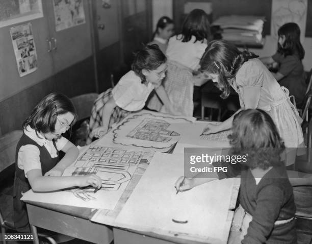 Ten year-old Jane Feder in an art class at Hunter Elementary School, part of Hunter College, New York City, circa 1955.