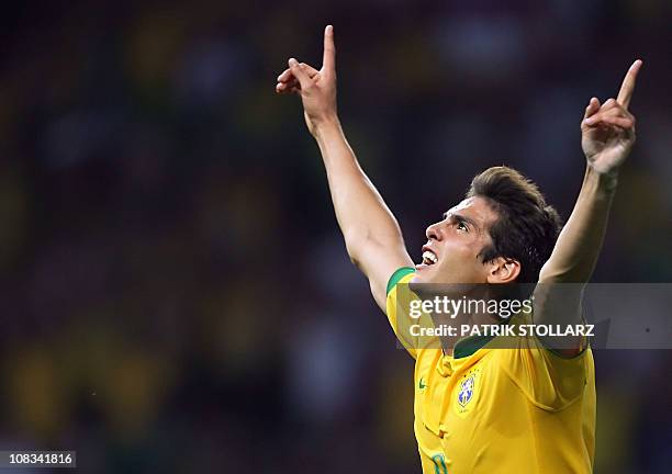 Brazilian midfielder Kaka celebrates after scoring a goal during the World Cup 2006 group F football game Brazil vs. Croatia 13 June 2006 at Berlin...