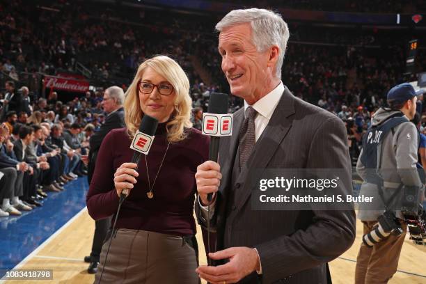 Commentators Doris Burke And Mike Breen look on during the game between the Indiana Pacers and the New York Knicks on January 11, 2019 at Madison...