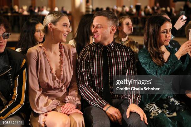Victoria Jancke ,Tom Wlaschiha and Anastasia Zampounidis laughs during the Marcel Ostertag show as part of the Berlin Fashion Week Autumn/Winter 2019...