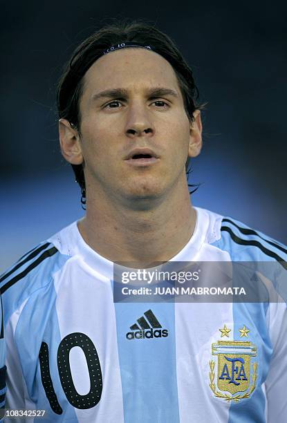 Argentina's forward Lionel Messi looks on before the start of the FIFA World Cup South Africa-2010 qualifier football match against Peru at the...