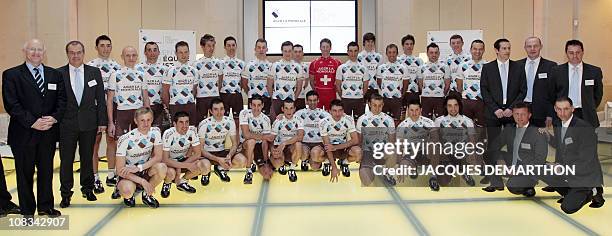 The AG2R La Mondiale French cycling team poses during the team's official presentation on January 26, 2011 in Paris. From L 2d row : Andre Renaudin ,...