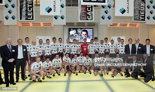 The AG2R La Mondiale French cycling team poses during the team's official presentation on January 26, 2011 in Paris. From L 2d row : Andre Renaudin ,...