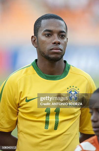 Brazil's striker Robinho poses before a friendly match against Tanzania on June 7 at the National stadium in Dar es Salaam, ahead of the WC2010 FIFA...