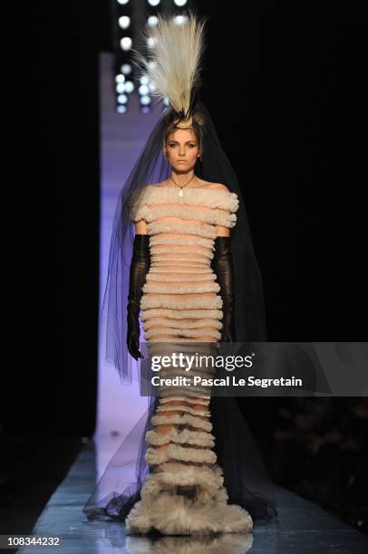 Andreja Pejic walks the runway during the Jean-Paul Gaultier show as part of the Paris Haute Couture Fashion Week Spring/Summer 2011 at Atelier...