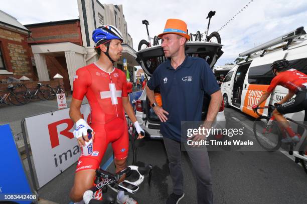 Start / Steve Morabito of Switzerland and Team Groupama-FDJ / Jens Voigt of Germany Ex-pro cyclist TV commentator / during the 21st Santos Tour Down...