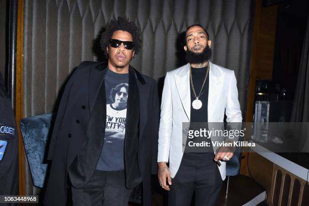 Jay-Z and Nipsey Hussle attend the PUMA x Nipsey Hussle 2019 Grammy Nomination Party at The Peppermint Club on January 16, 2019 in Los Angeles,...